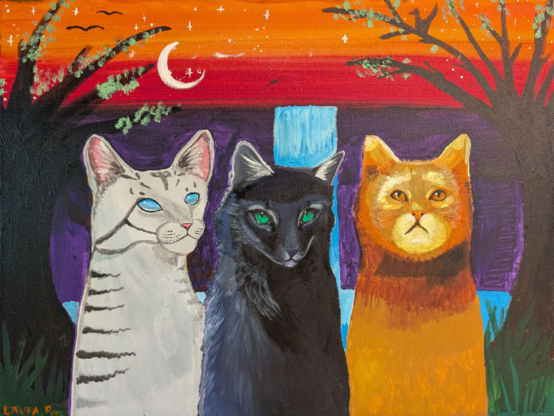 Three Cats Under a Waterfall